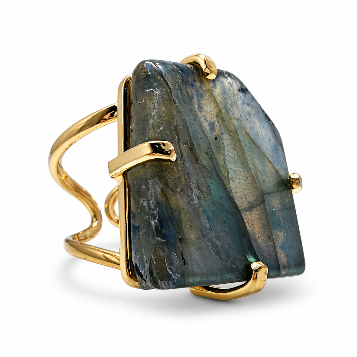 Labradorite Statement Ring Gold Plated Brass, Adjustable Open Shank Ring, Handmade Brazil Gemstone Jewelry, Flash Labradorite One of a Kind Ring