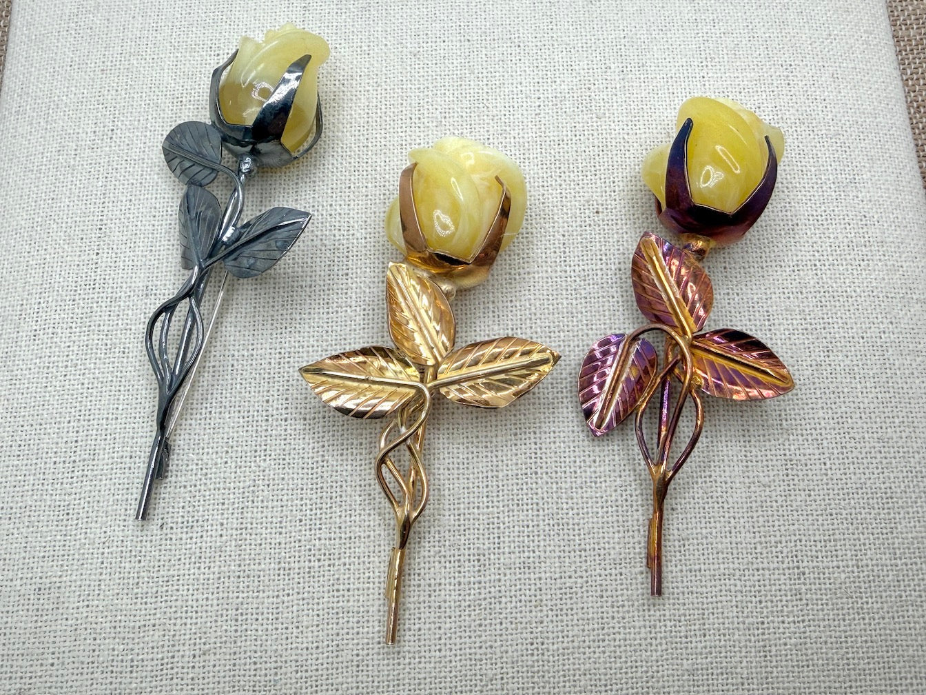 Large Carved Butterscotch Baltic Amber Rose Brooch, Sterling Silver Amber Flower Pin