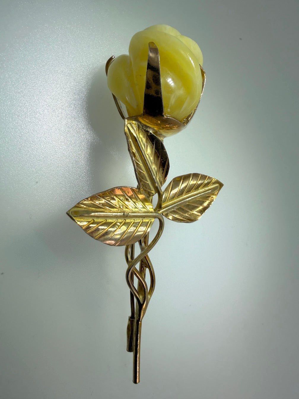 Large Carved Butterscotch Baltic Amber Rose Brooch, Sterling Silver Amber Flower Pin