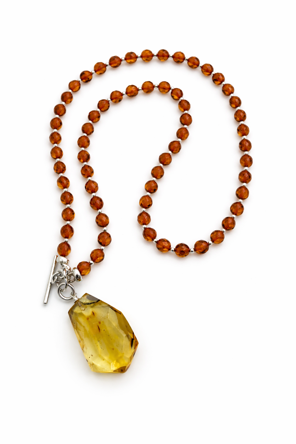 Lemon Baltic Amber Pendant Necklace, Faceted Amber Pendant, Honey Amber Bead Necklace, Sterling Silver Toggle, Insect Inclusion Amber, One of a Kind