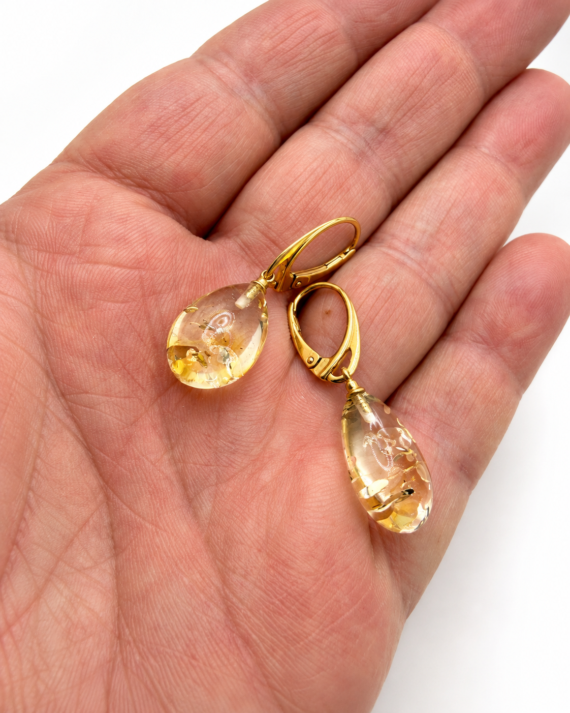 Lemon Baltic Amber Teardrop Earrings, Gold Plated Leverback Earrings