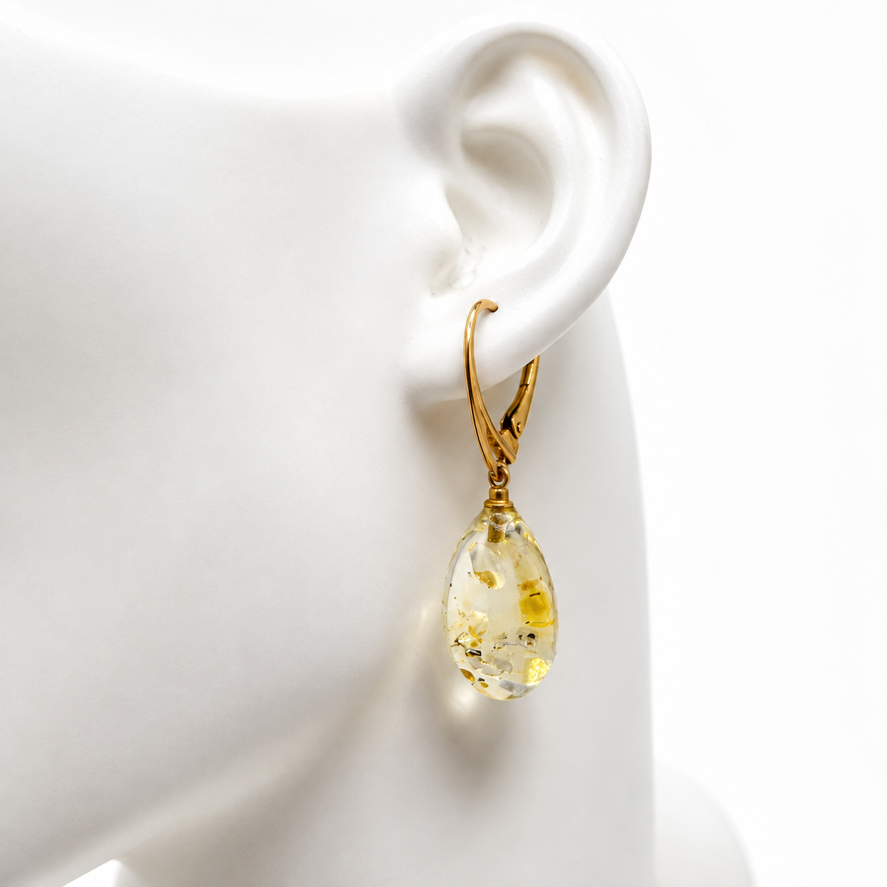 Lemon Baltic Amber Teardrop Earrings, Gold Plated Leverback Earrings