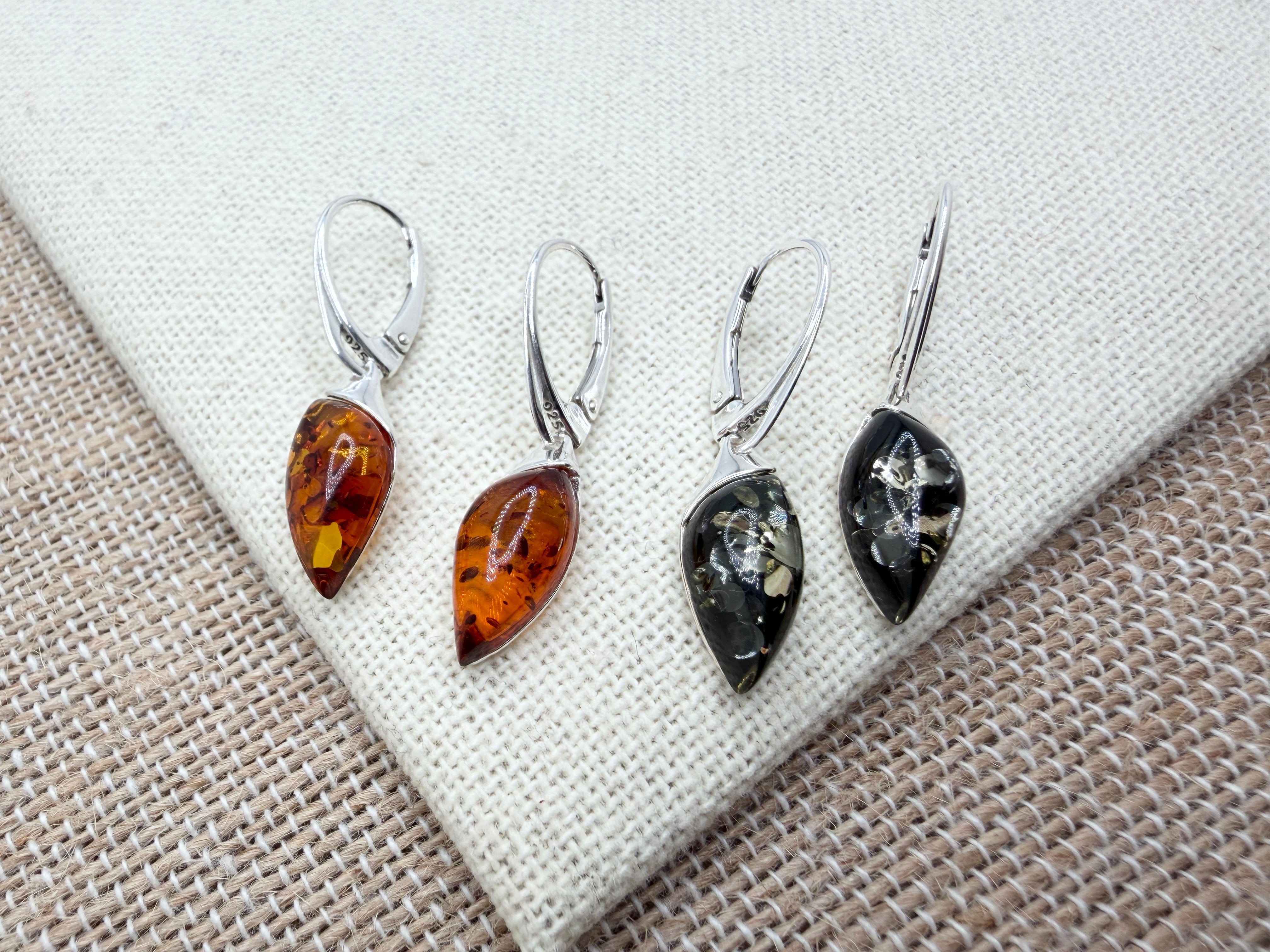 Marquise Baltic Amber Dangle Earrings | Honey Cognac Sterling Silver Lever Backs Handmade in Poland