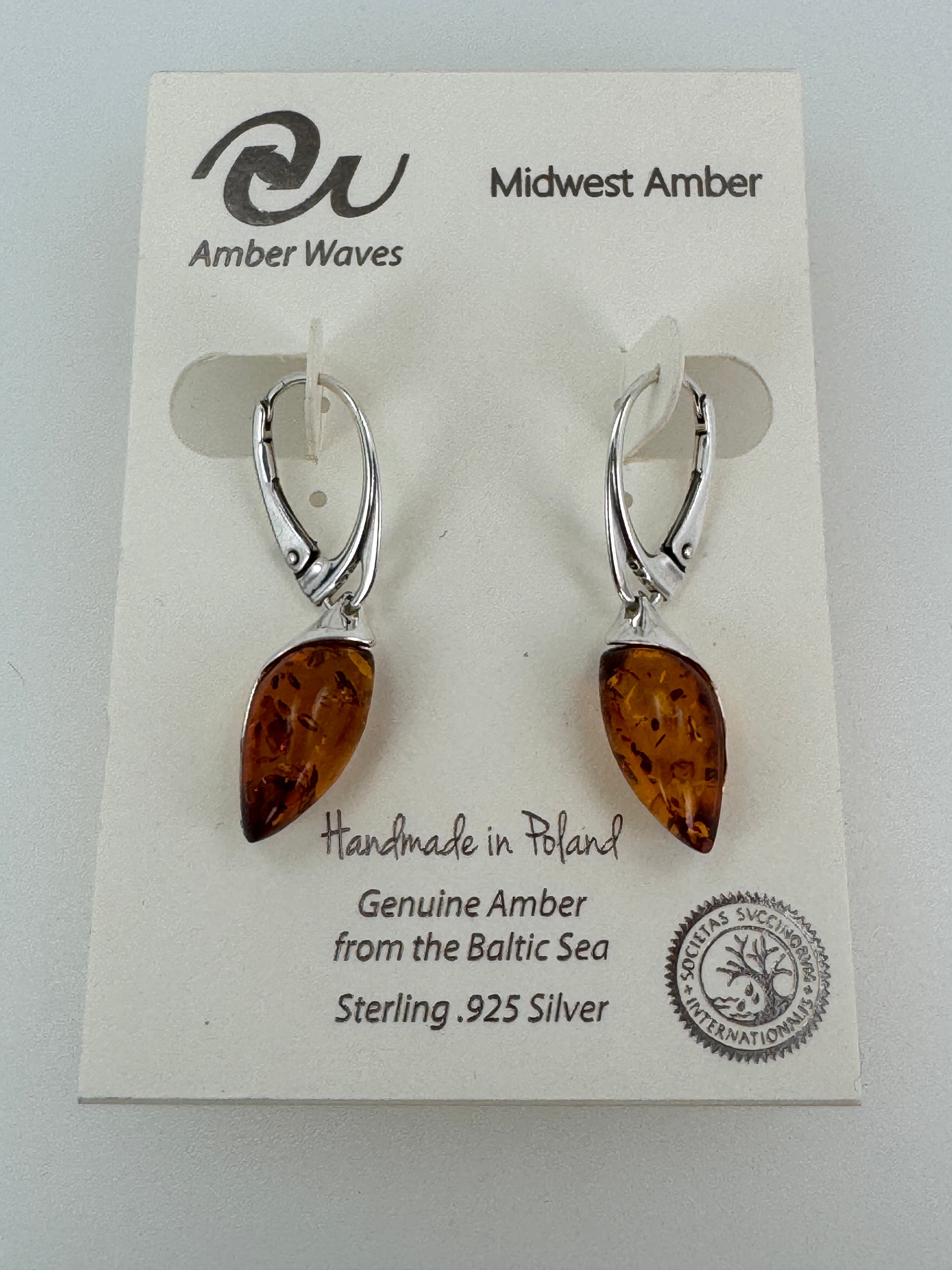Marquise Baltic Amber Dangle Earrings | Honey Cognac Sterling Silver Lever Backs Handmade in Poland