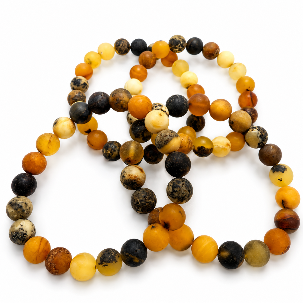 Matte Finish Baltic Amber Multicolor Ombre Stretch Bracelet – Round Ball Amber Bracelet – Lemon, Butterscotch, Green & Honey Amber Jewelry