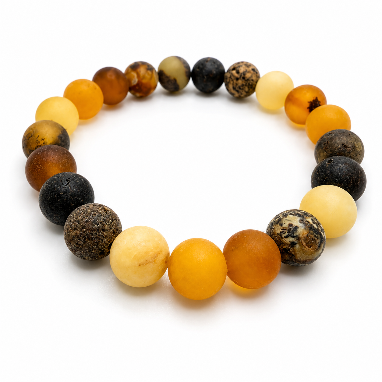 Matte Finish Baltic Amber Multicolor Ombre Stretch Bracelet – Round Ball Amber Bracelet – Lemon, Butterscotch, Green & Honey Amber Jewelry