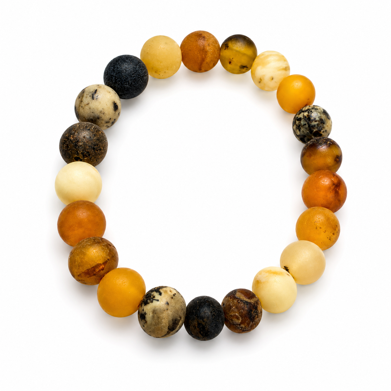 Matte Finish Baltic Amber Multicolor Ombre Stretch Bracelet – Round Ball Amber Bracelet – Lemon, Butterscotch, Green & Honey Amber Jewelry