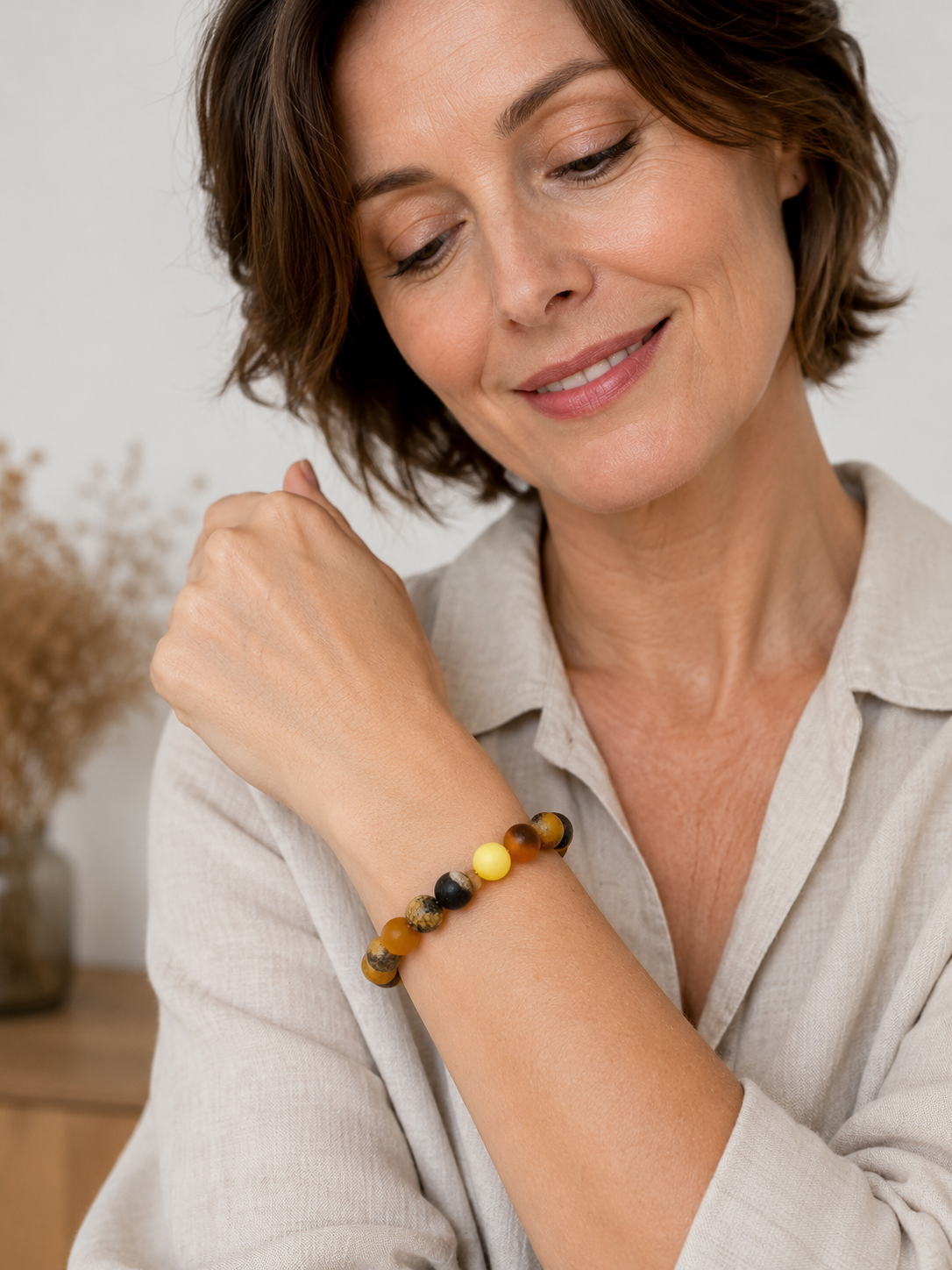 Matte Finish Baltic Amber Multicolor Ombre Stretch Bracelet – Round Ball Amber Bracelet – Lemon, Butterscotch, Green & Honey Amber Jewelry