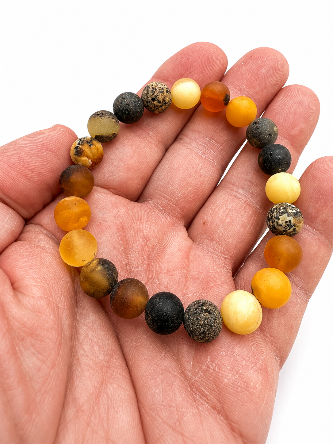 Matte Finish Baltic Amber Multicolor Ombre Stretch Bracelet – Round Ball Amber Bracelet – Lemon, Butterscotch, Green & Honey Amber Jewelry