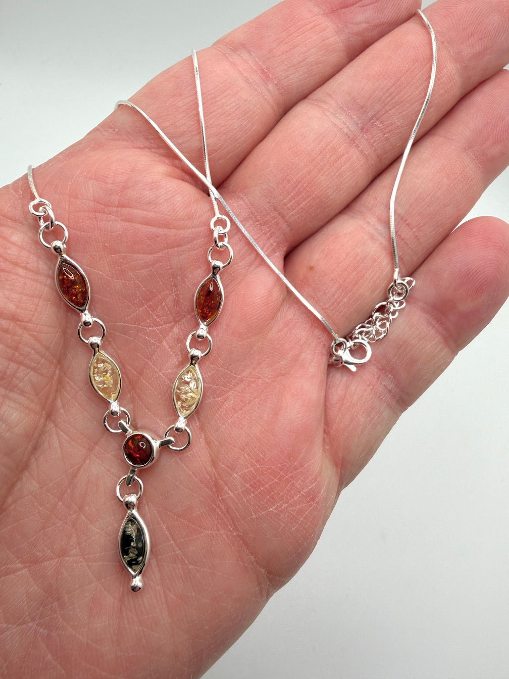 Minimalist Multicolor Baltic Amber Pendant Necklace in Sterling Silver - Green, Honey, and Lemon Amber Necklace on Box Chain – 18 Inch