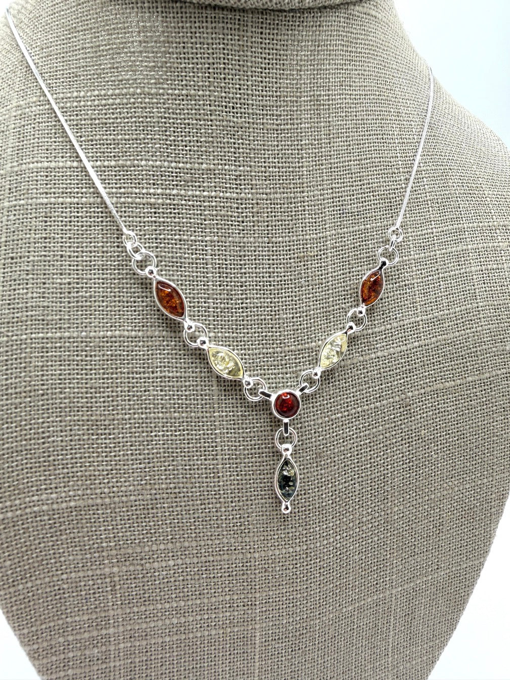 Minimalist Multicolor Baltic Amber Pendant Necklace in Sterling Silver - Green, Honey, and Lemon Amber Necklace on Box Chain – 18 Inch