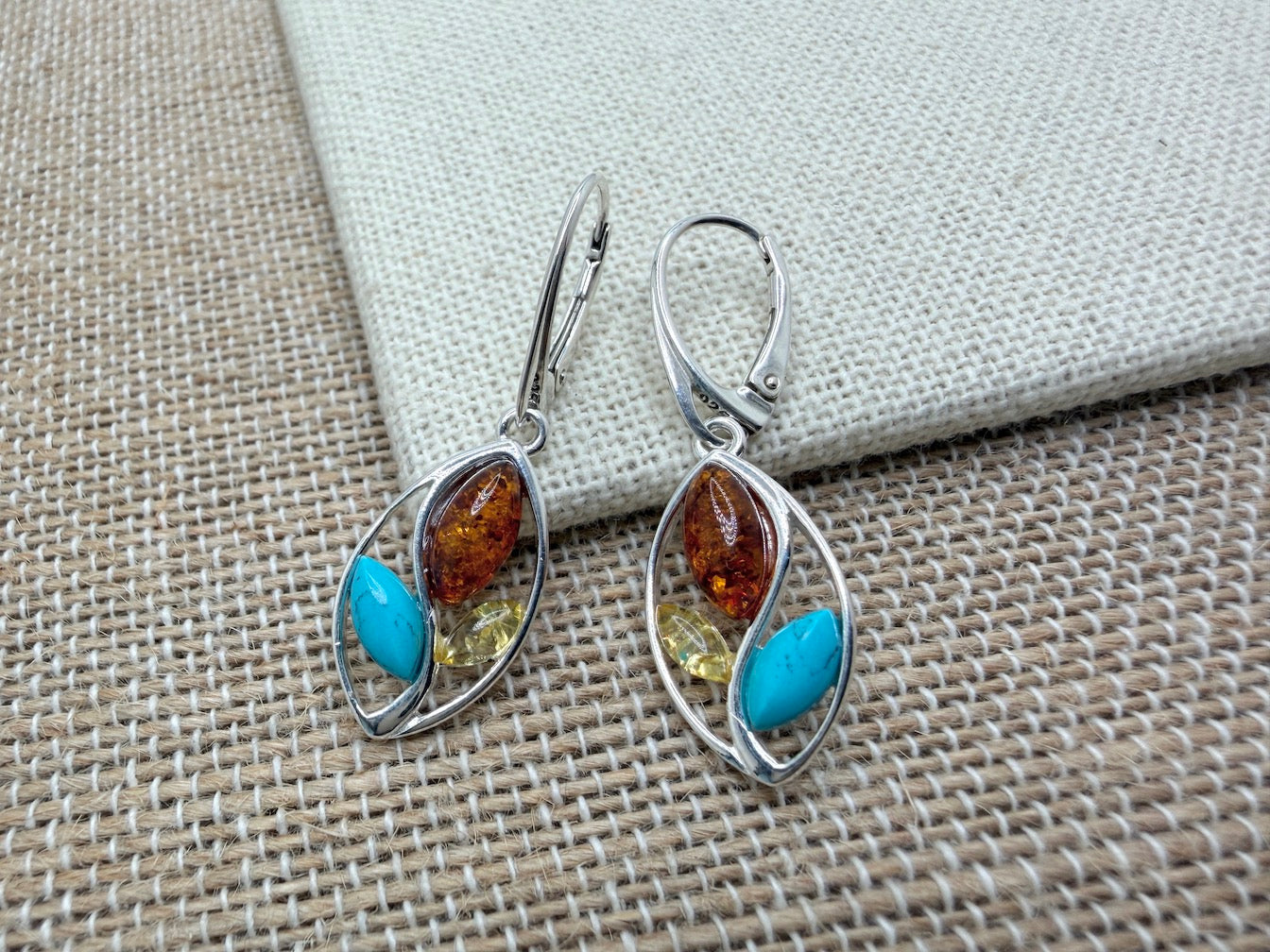 Modern 925 Sterling Silver & Cognac Baltic Amber Modern Drop Earrings – Oval Design with Turquoise Accent