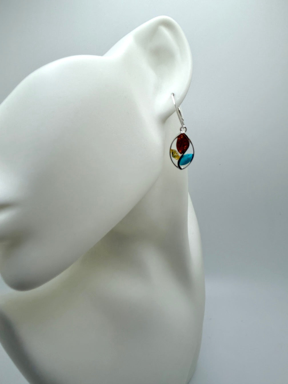 Modern 925 Sterling Silver & Cognac Baltic Amber Modern Drop Earrings – Oval Design with Turquoise Accent