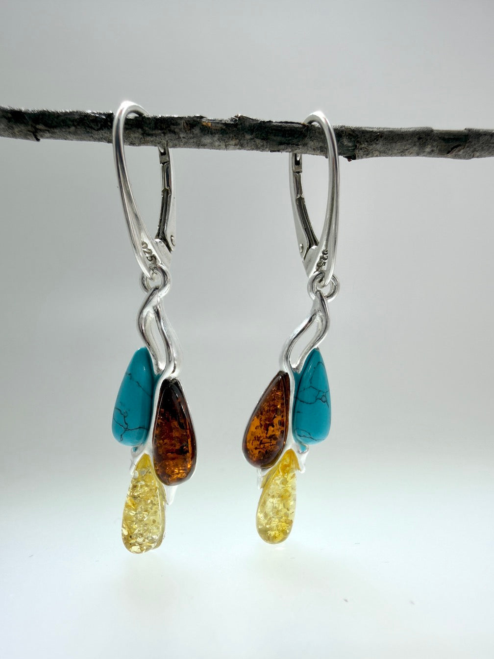 Modern 925 Sterling Silver & Cognac Baltic Amber Modern Drop Earrings – Multi Color with Turquoise Accent