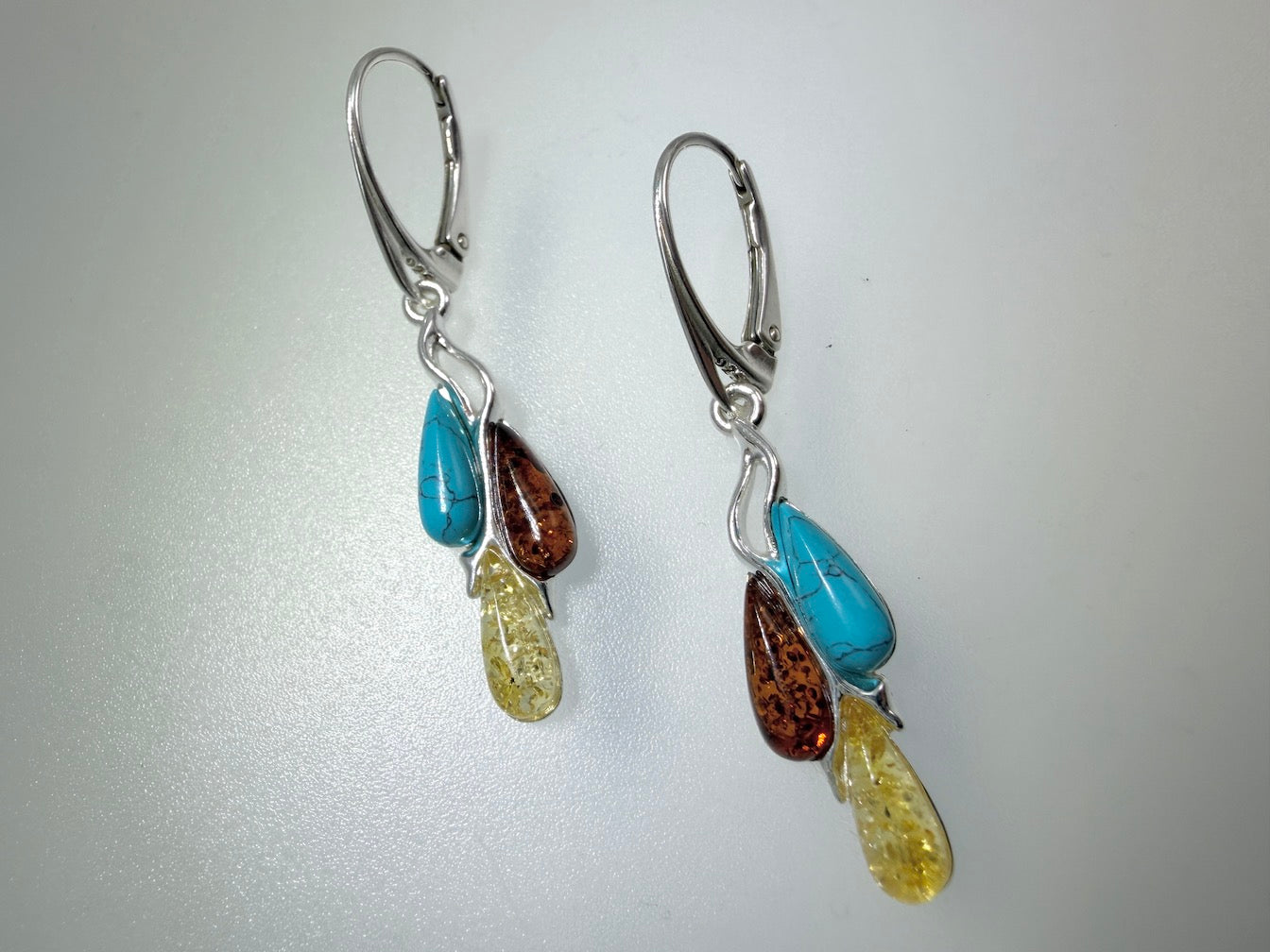 Modern 925 Sterling Silver & Cognac Baltic Amber Modern Drop Earrings – Multi Color with Turquoise Accent