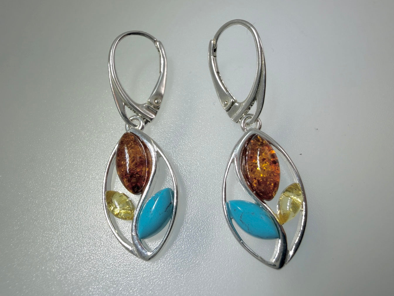 Modern 925 Sterling Silver & Cognac Baltic Amber Modern Drop Earrings – Oval Design with Turquoise Accent