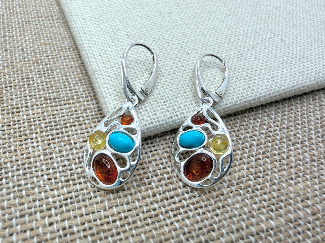 Modern 925 Sterling Silver & Multi Baltic Amber Modern Drop Earrings – Oval Design with Turquoise Accent