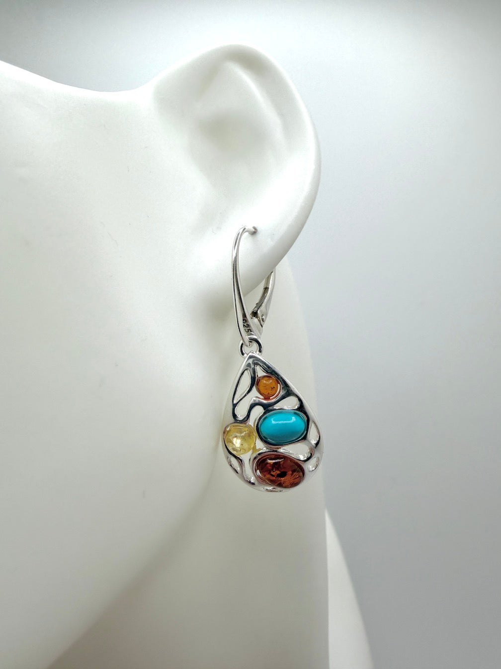 Modern 925 Sterling Silver & Multi Baltic Amber Modern Drop Earrings – Oval Design with Turquoise Accent