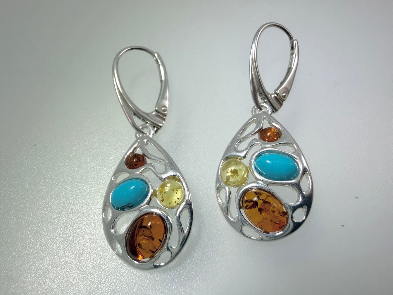Modern 925 Sterling Silver & Multi Baltic Amber Modern Drop Earrings – Oval Design with Turquoise Accent