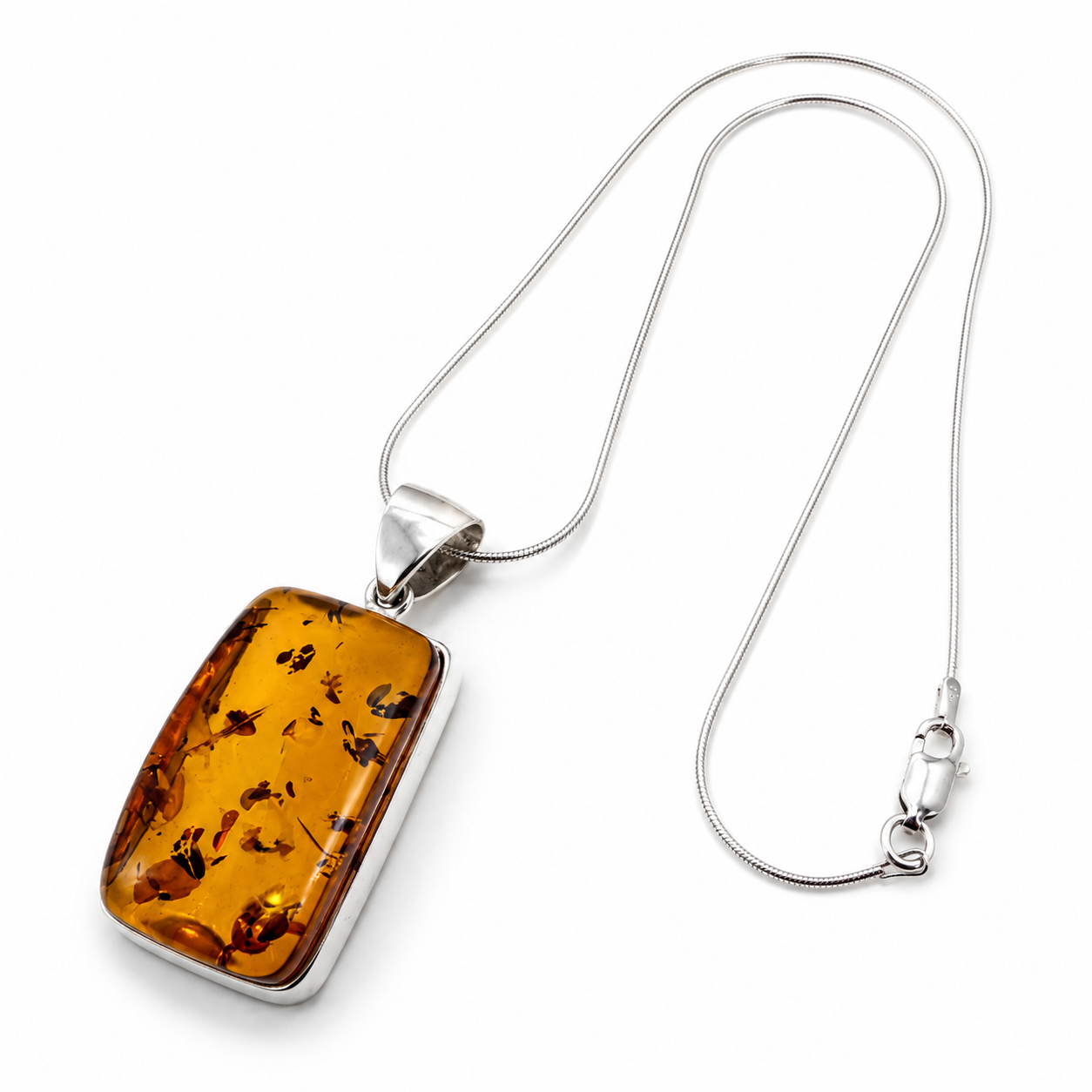 Modern Baltic Amber Sterling Silver Rectangular Pendant Cognac Honey Color