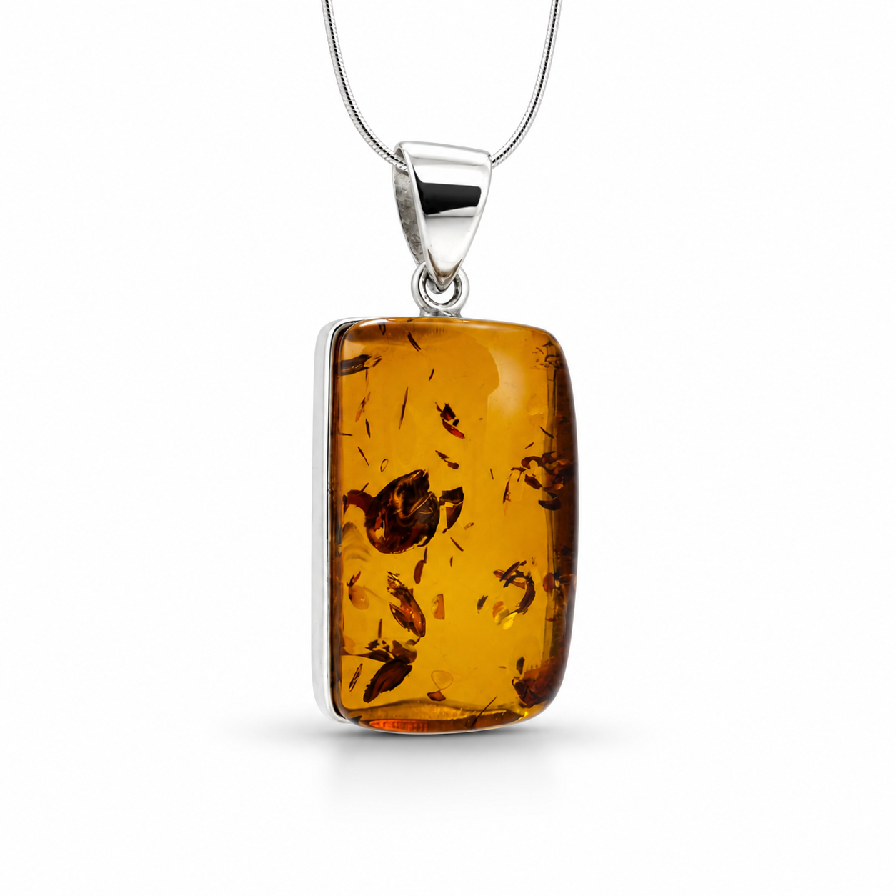 Modern Baltic Amber Sterling Silver Rectangular Pendant Cognac Honey Color
