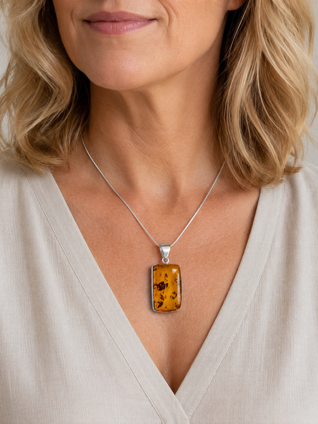 Modern Baltic Amber Sterling Silver Rectangular Pendant Cognac Honey Color