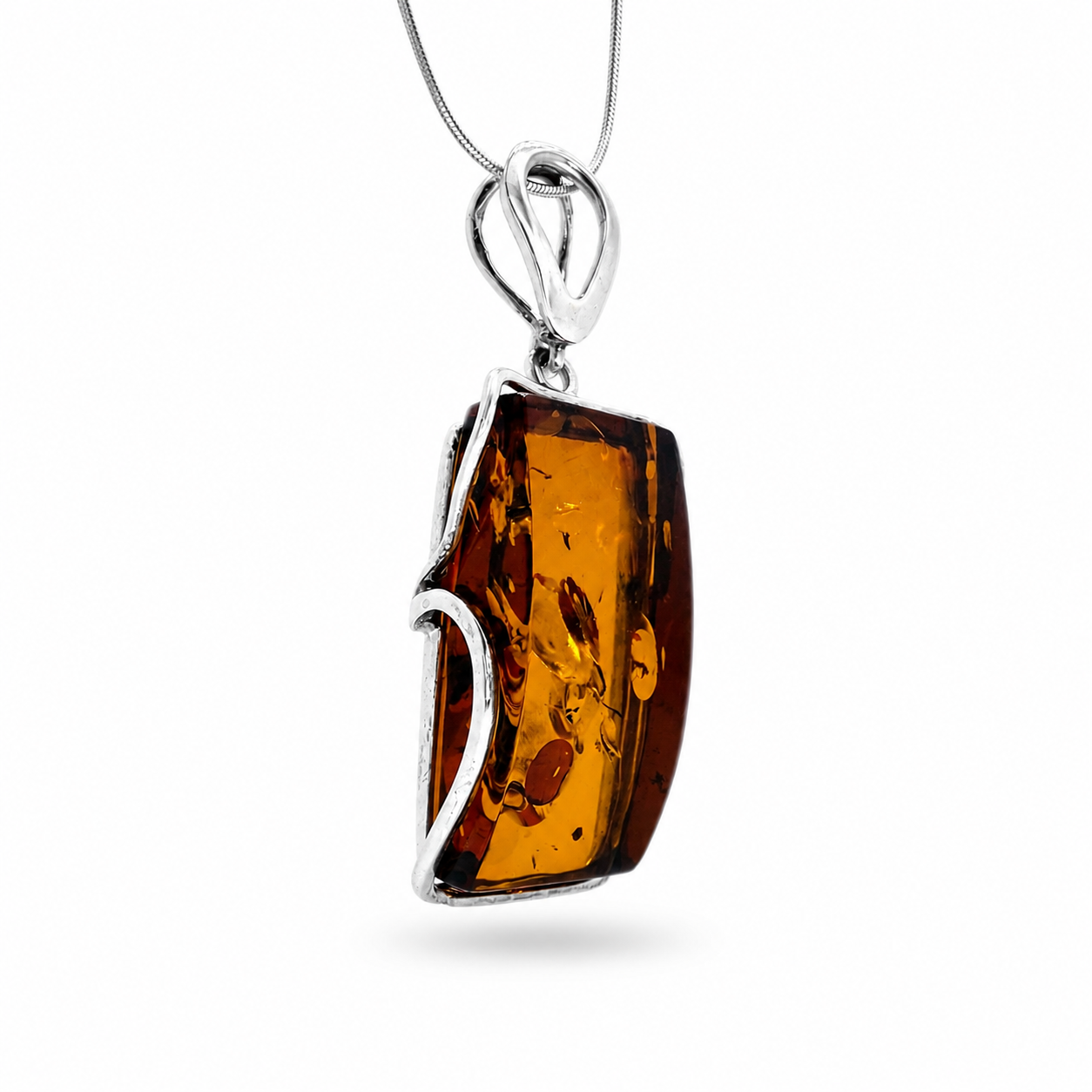 Modern Baltic Amber Sterling Silver Rectangular Pendant Cognac Honey Color