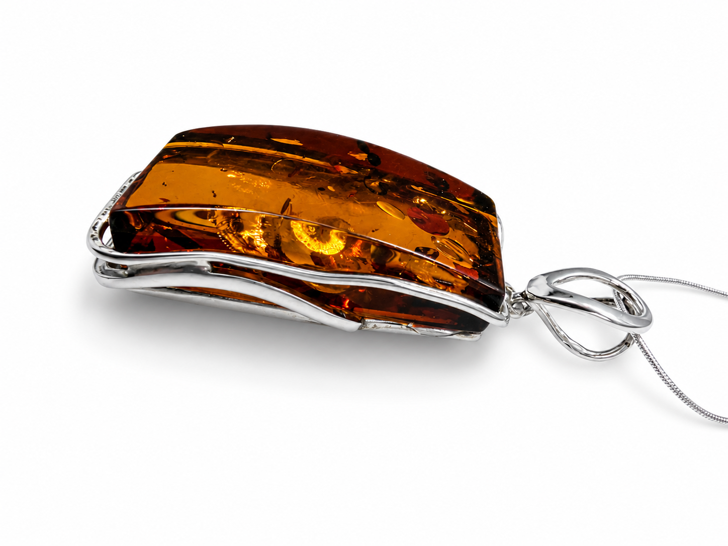 Modern Baltic Amber Sterling Silver Rectangular Pendant Cognac Honey Color