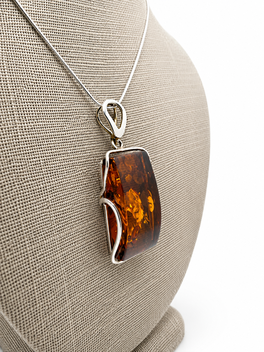 Modern Baltic Amber Sterling Silver Rectangular Pendant Cognac Honey Color