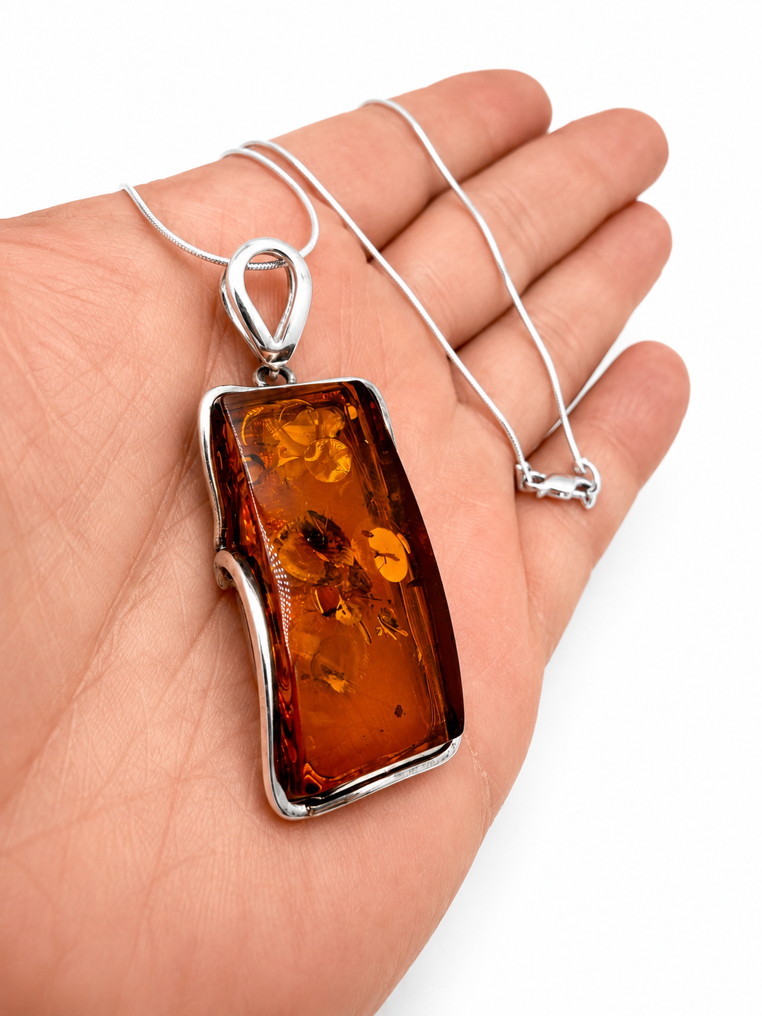 Modern Baltic Amber Sterling Silver Rectangular Pendant Cognac Honey Color