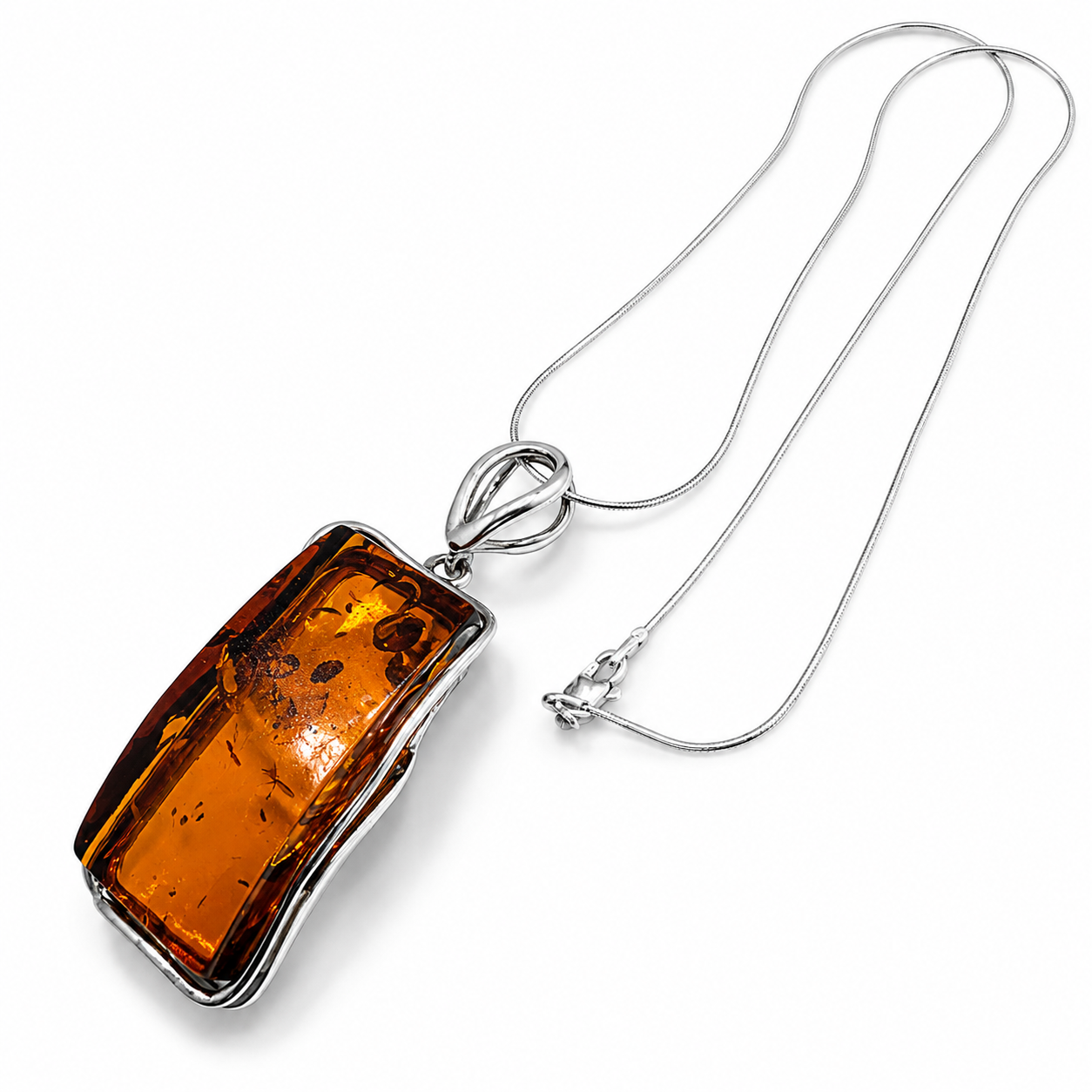 Modern Baltic Amber Sterling Silver Rectangular Pendant Cognac Honey Color