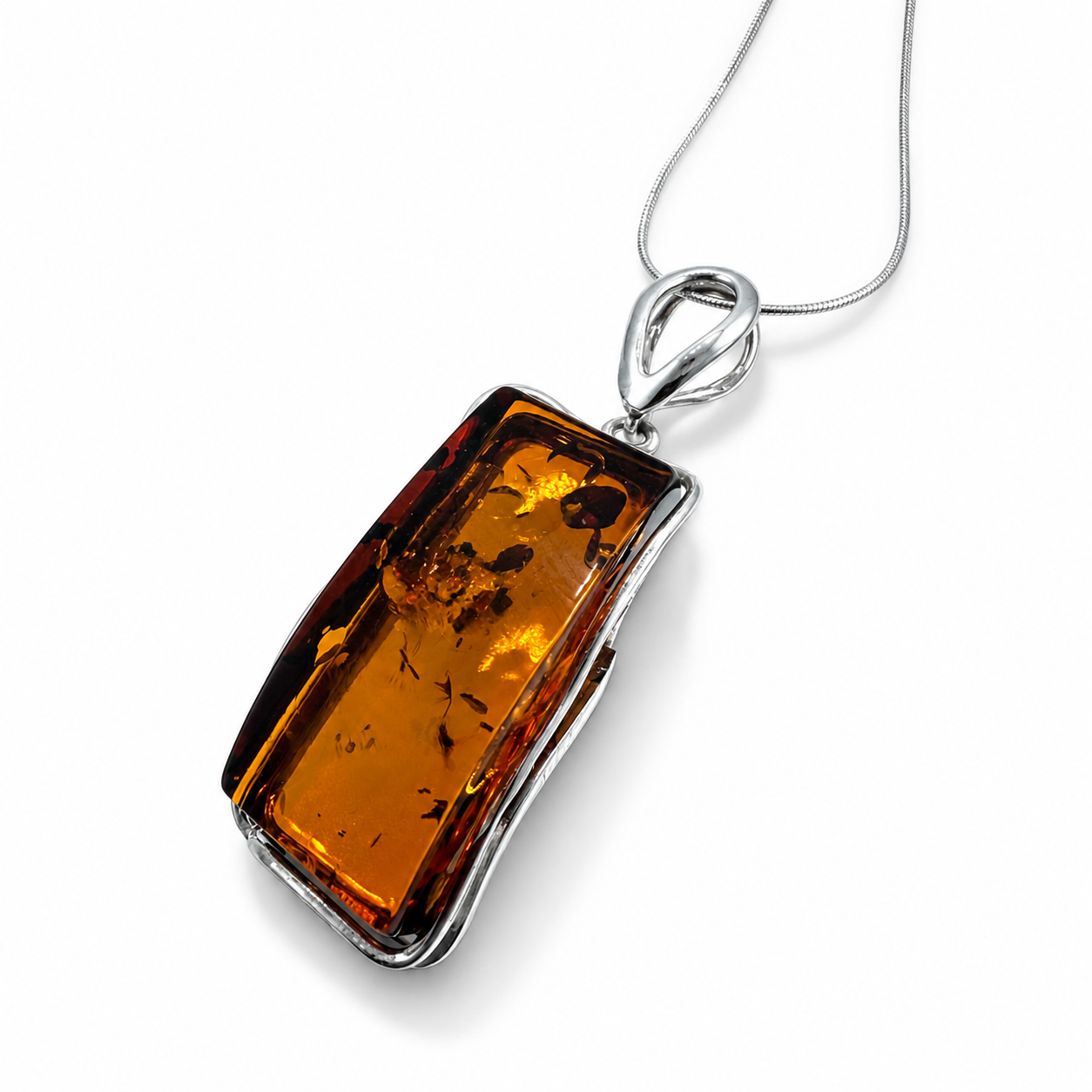 Modern Baltic Amber Sterling Silver Rectangular Pendant Cognac Honey Color