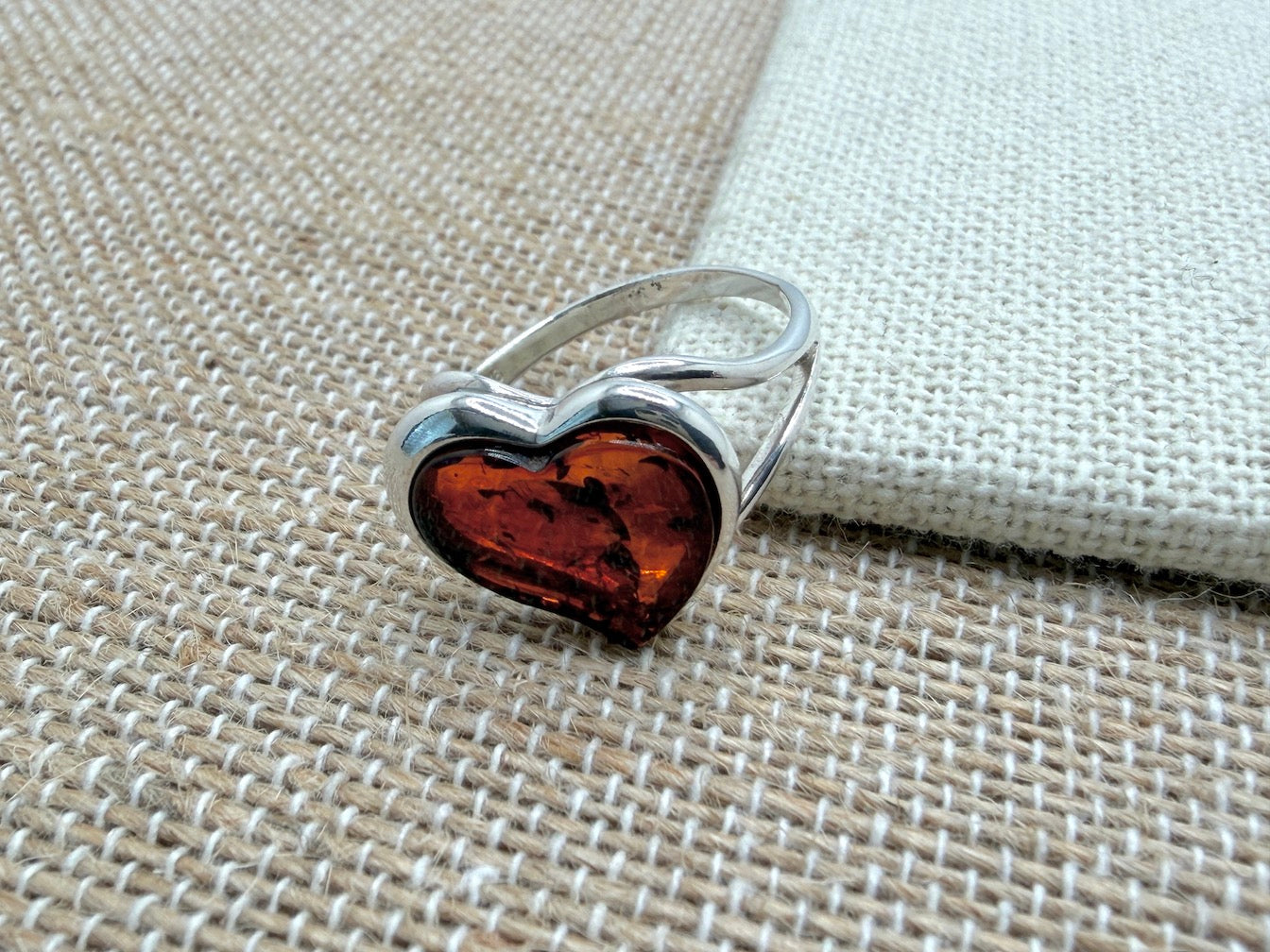Modern Baltic Amber & Sterling Silver Heart Ring – Honey Color