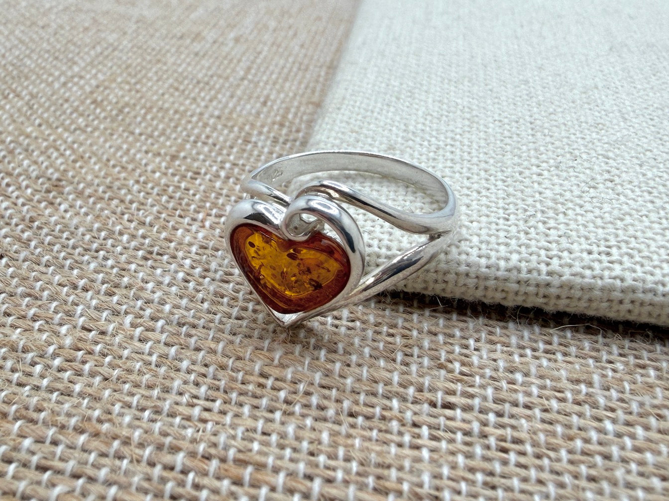 Modern Genuine Baltic Amber & Sterling Silver Heart Ring – Cognac Amber