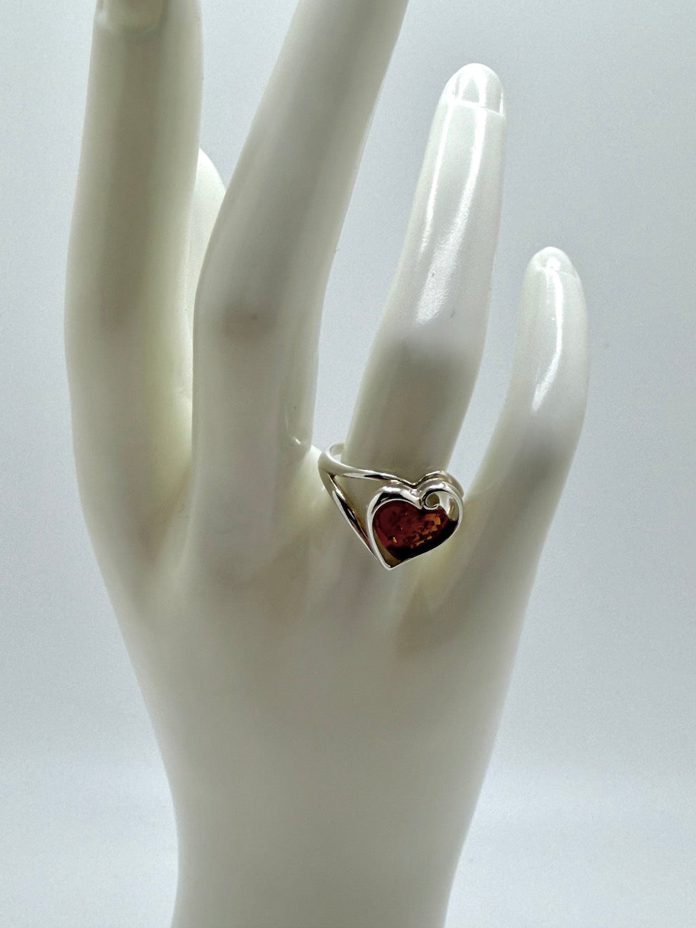 Modern Genuine Baltic Amber & Sterling Silver Heart Ring – Cognac Amber
