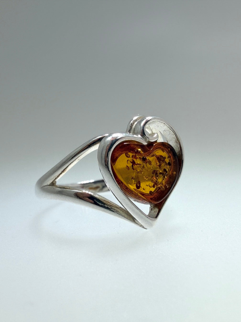 Modern Genuine Baltic Amber & Sterling Silver Heart Ring – Cognac Amber