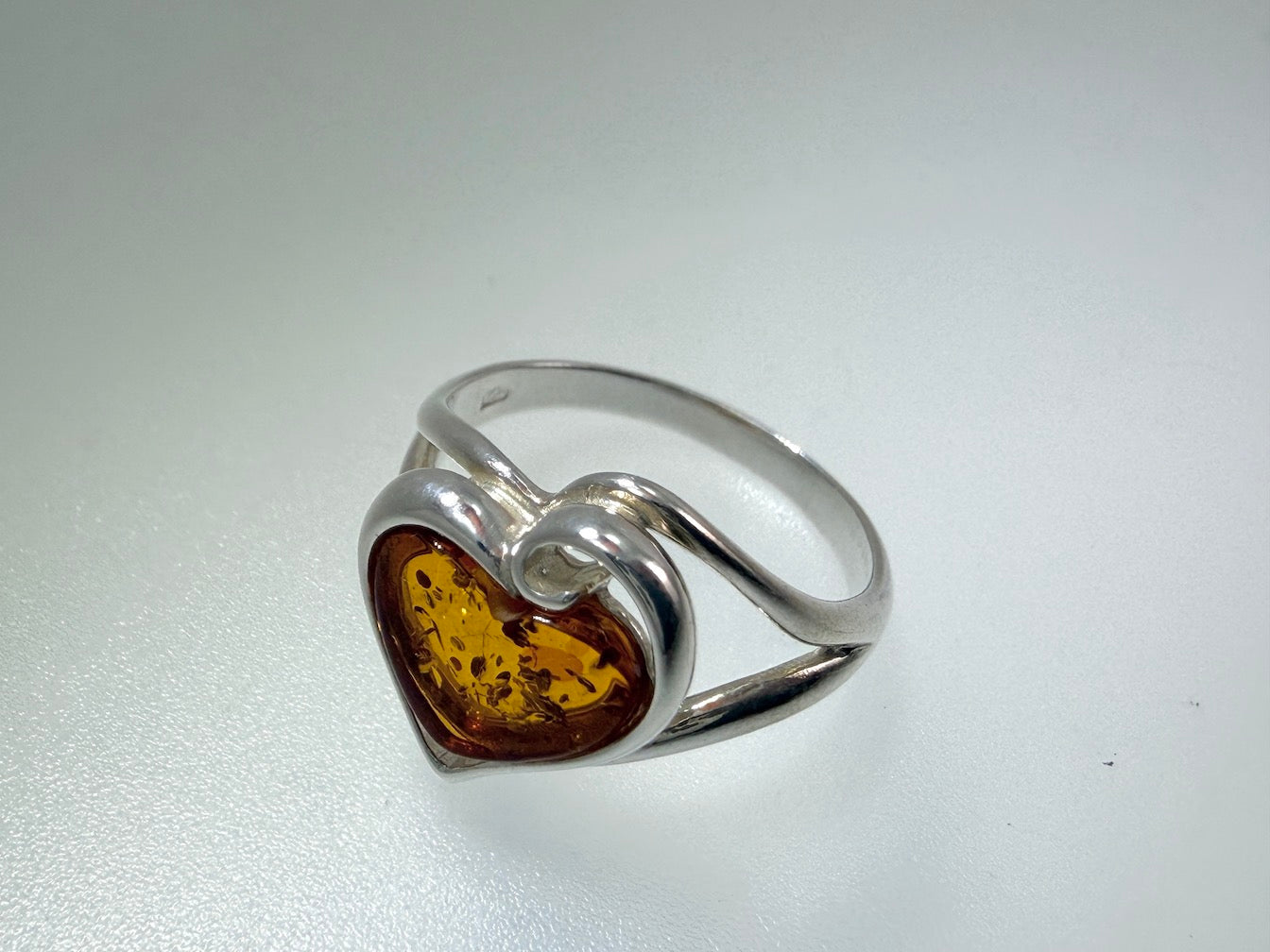 Modern Genuine Baltic Amber & Sterling Silver Heart Ring – Cognac Amber