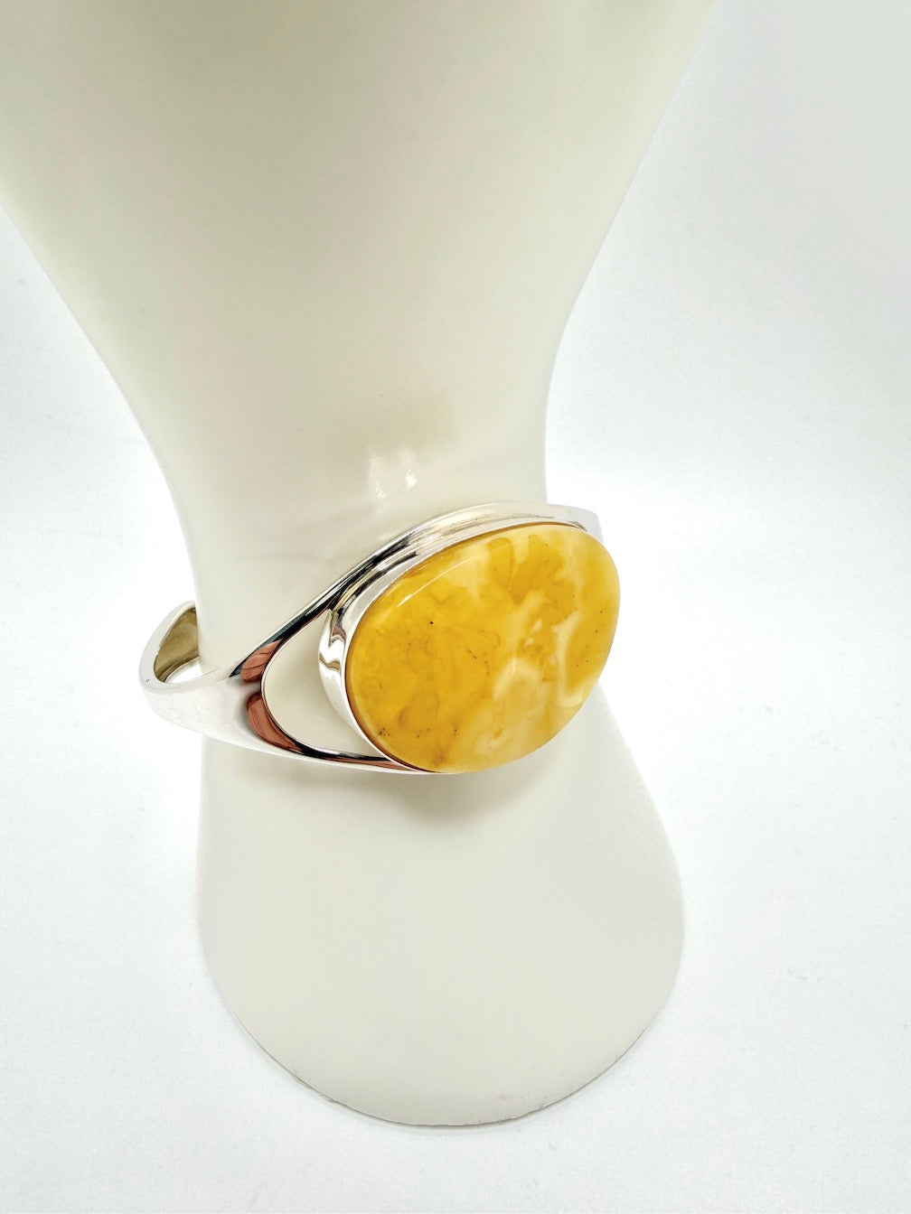 Modern Handmade Sterling Silver Cuff Bracelet with Genuine Butterscotch Baltic Amber