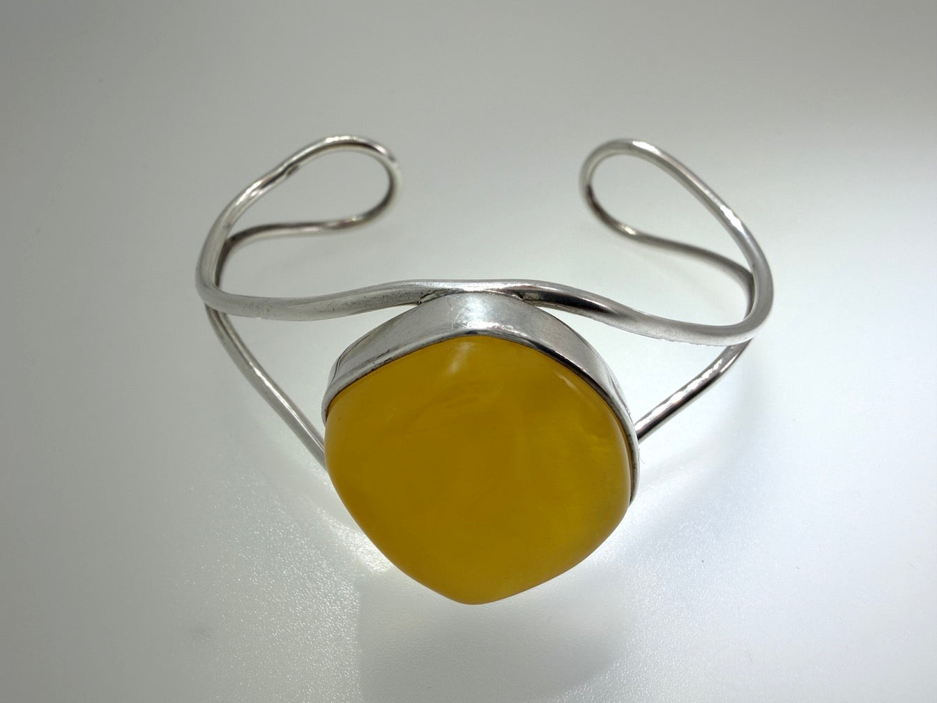 Modern Handmade Sterling Silver Cuff Bracelet with Genuine Butterscotch Baltic Amber