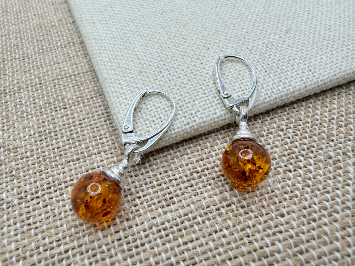 Modern Honey Cognac Baltic Amber 925 Sterling Silver Lever Back Ball Earrings
