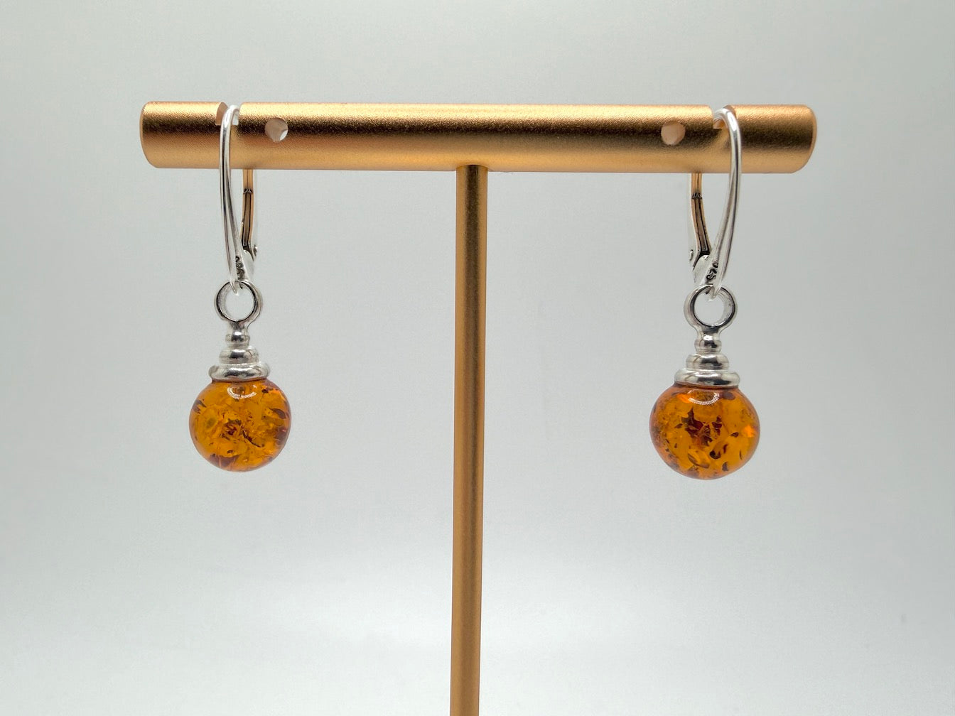 Modern Honey Cognac Baltic Amber 925 Sterling Silver Lever Back Ball Earrings