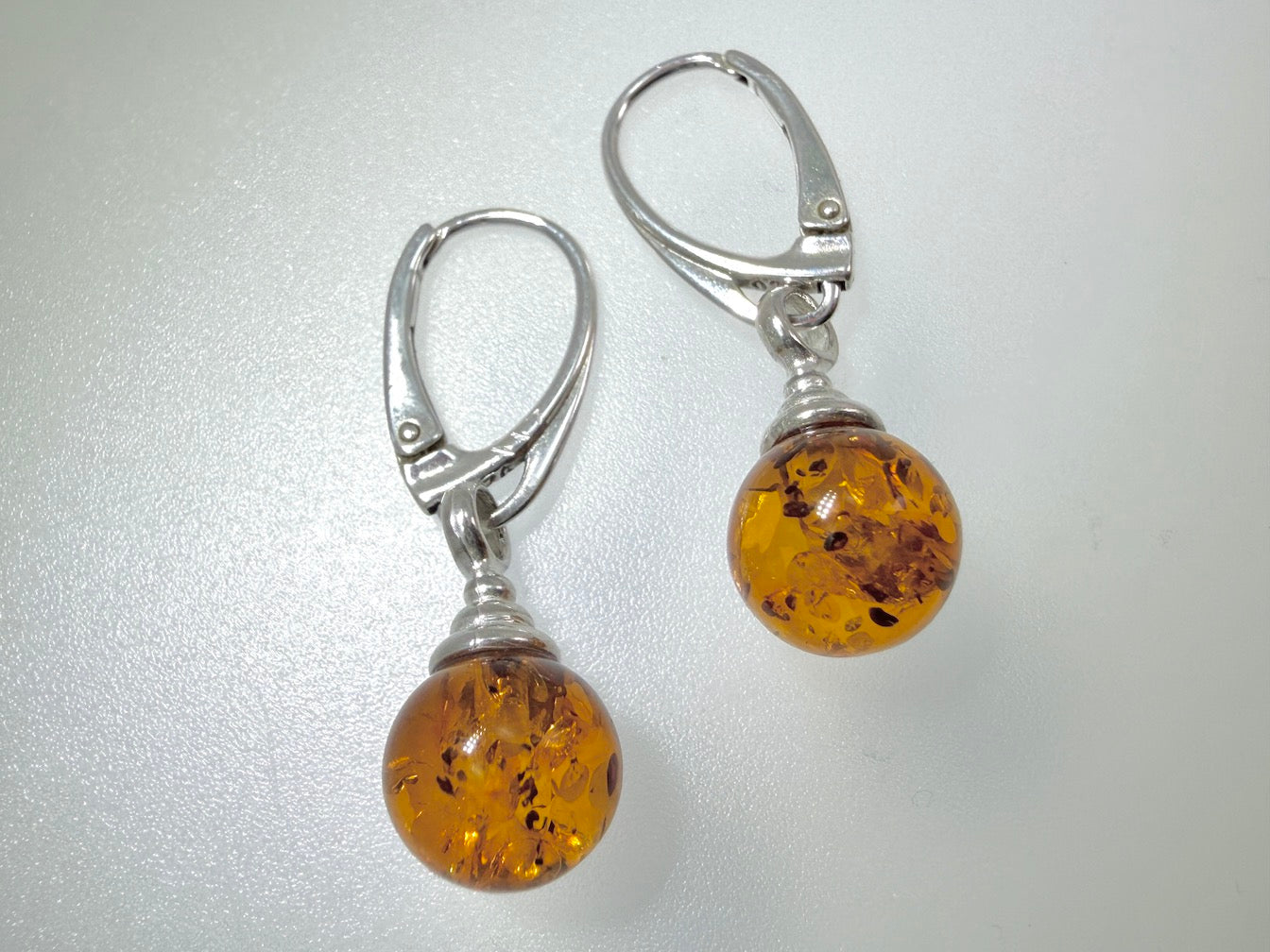 Modern Honey Cognac Baltic Amber 925 Sterling Silver Lever Back Ball Earrings