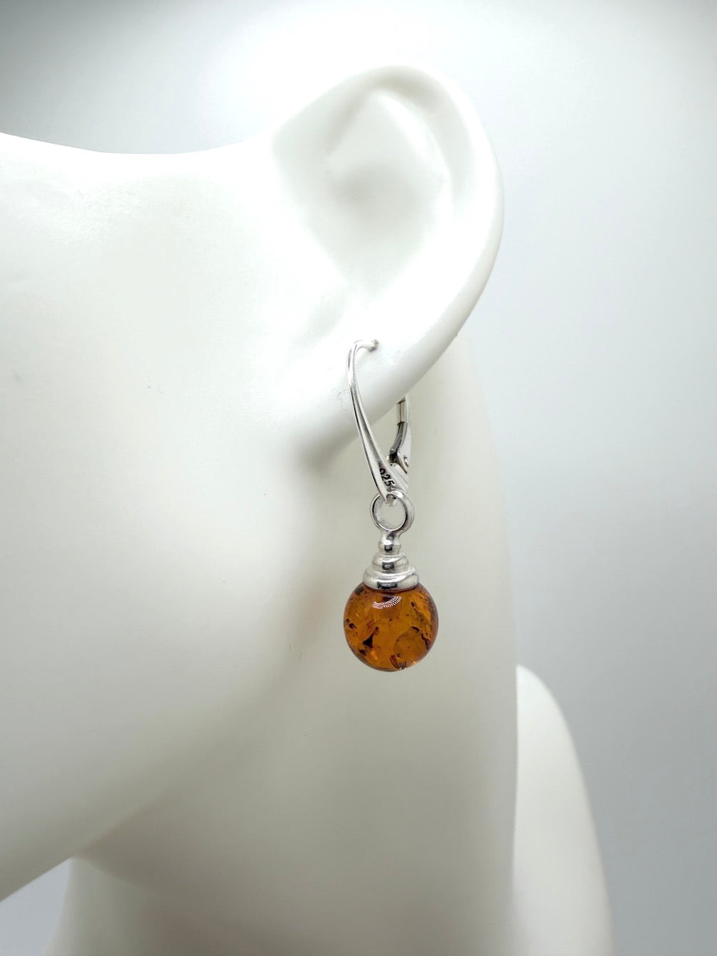 Modern Honey Cognac Baltic Amber 925 Sterling Silver Lever Back Ball Earrings