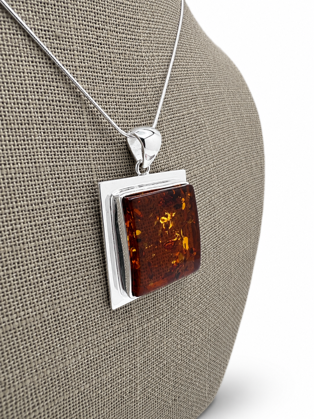 Modern Square Baltic Amber Pendant – Genuine Baltic Amber Necklace – Sterling Silver Amber Jewelry