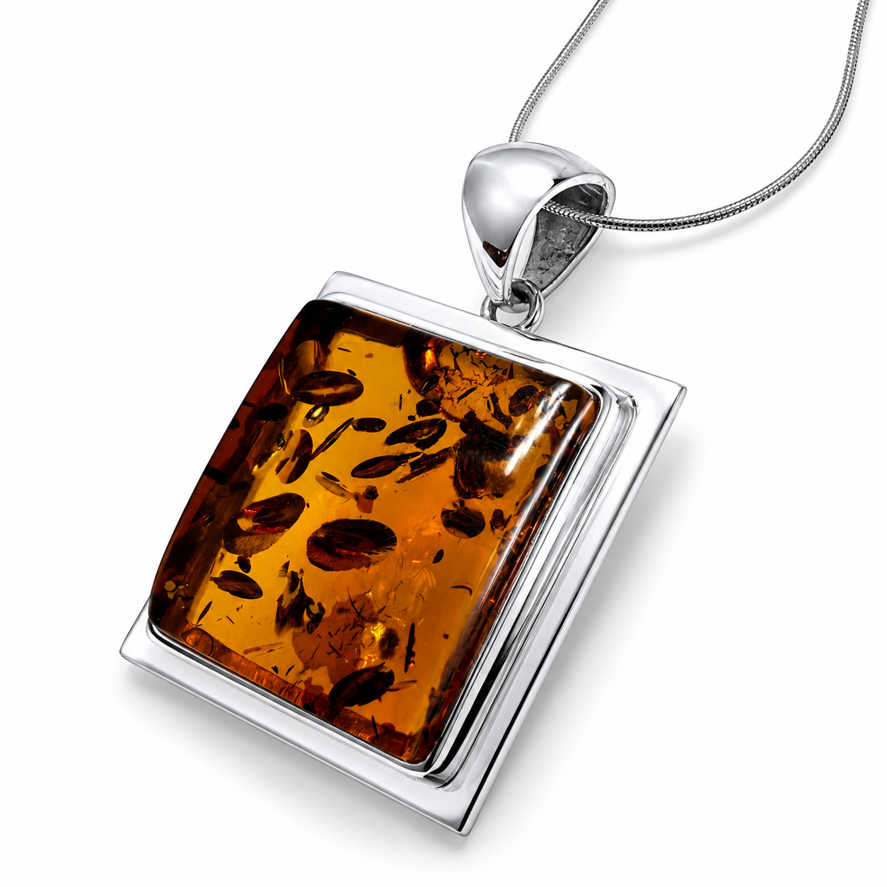 Modern Square Baltic Amber Pendant – Genuine Baltic Amber Necklace – Sterling Silver Amber Jewelry