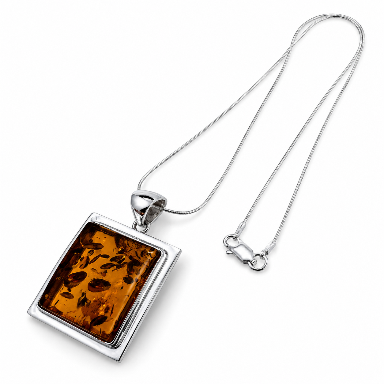 Modern Square Baltic Amber Pendant – Genuine Baltic Amber Necklace – Sterling Silver Amber Jewelry