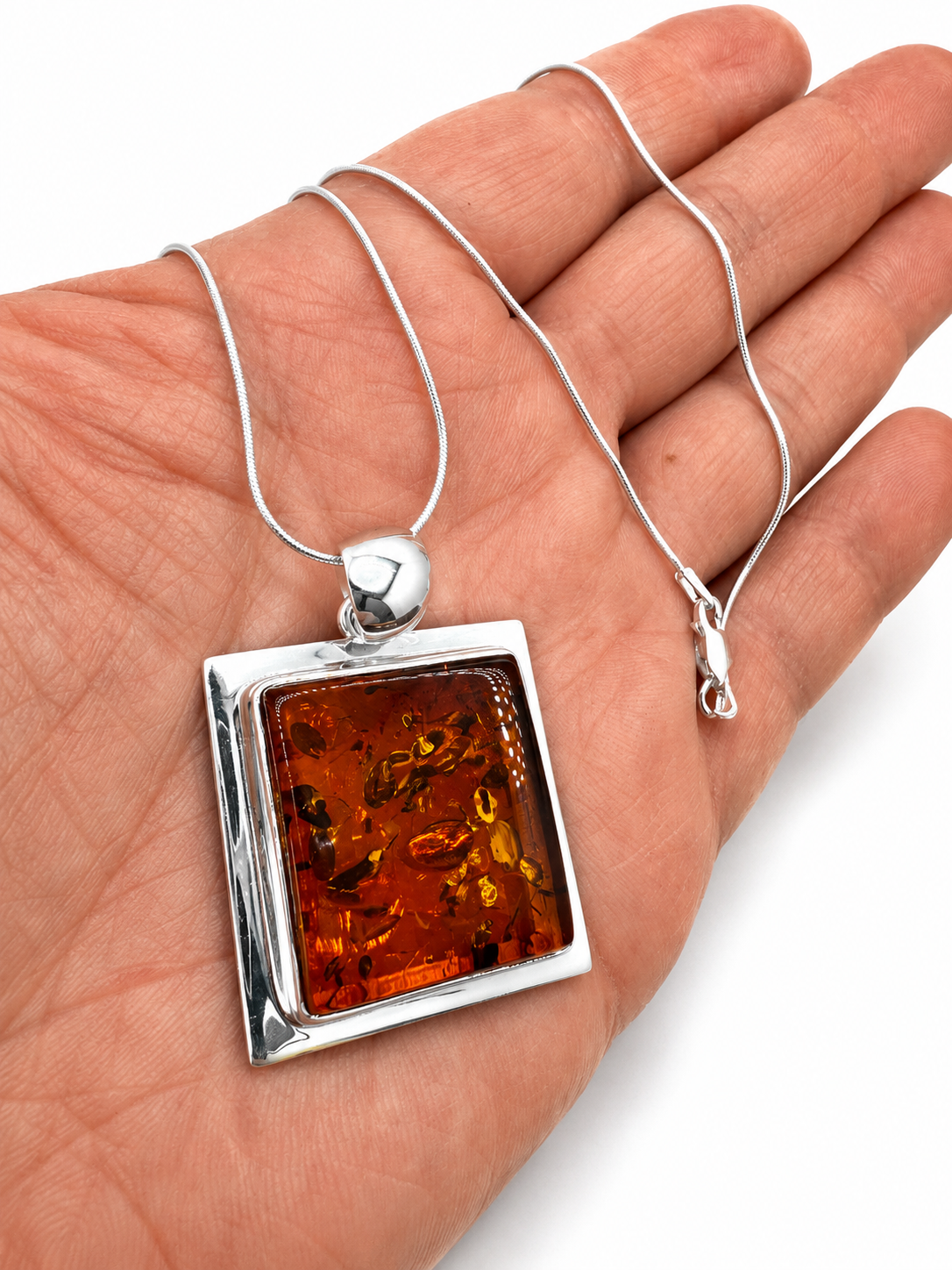 Modern Square Baltic Amber Pendant – Genuine Baltic Amber Necklace – Sterling Silver Amber Jewelry