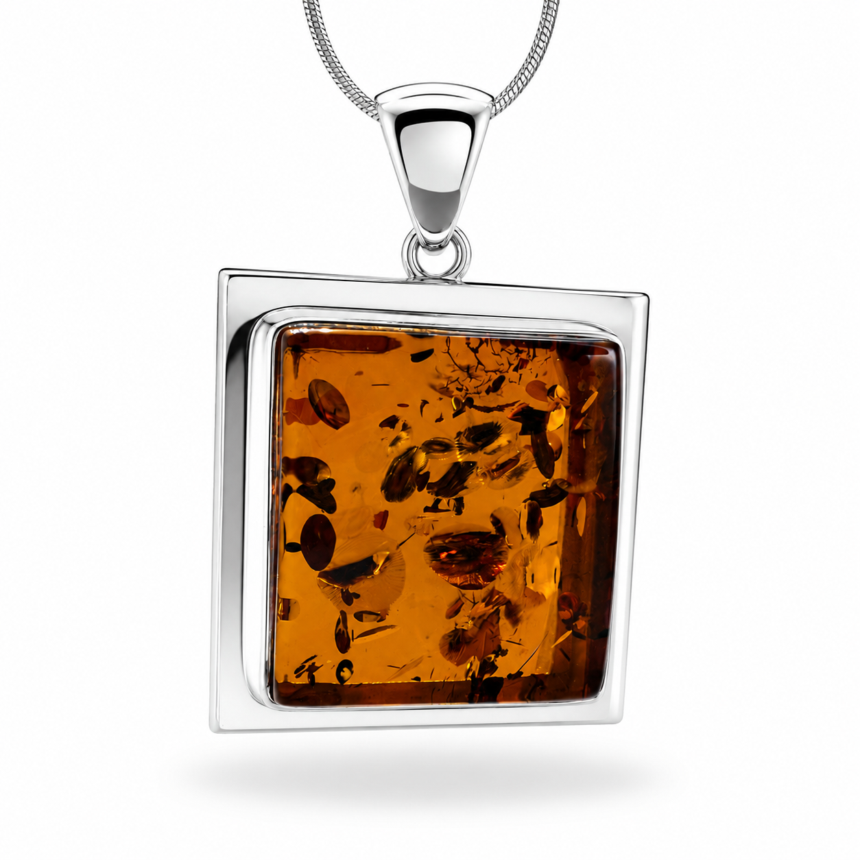 Modern Square Baltic Amber Pendant – Genuine Baltic Amber Necklace – Sterling Silver Amber Jewelry