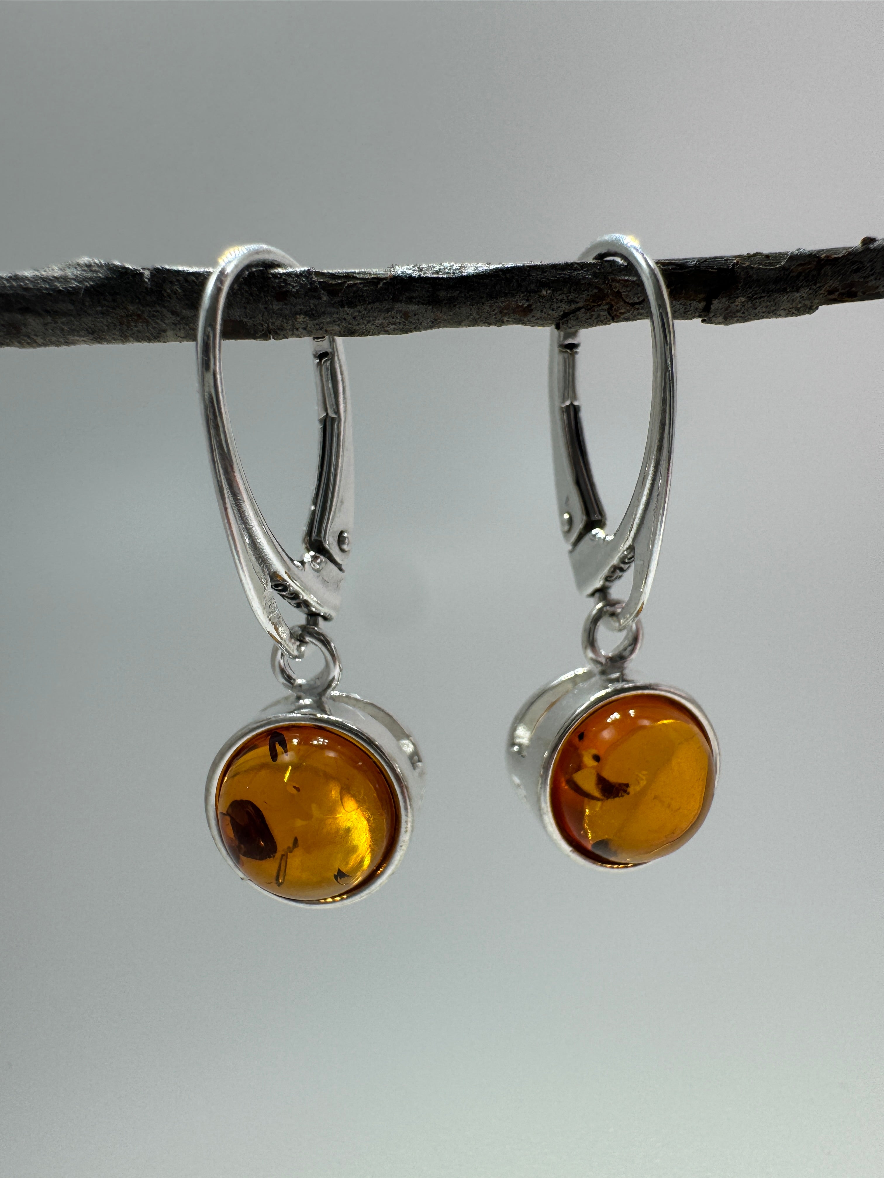 Modern Sterling Silver Dangle Lever Back Earrings with Round Baltic Amber – Available in Honey, Green or Butterscotch Amber