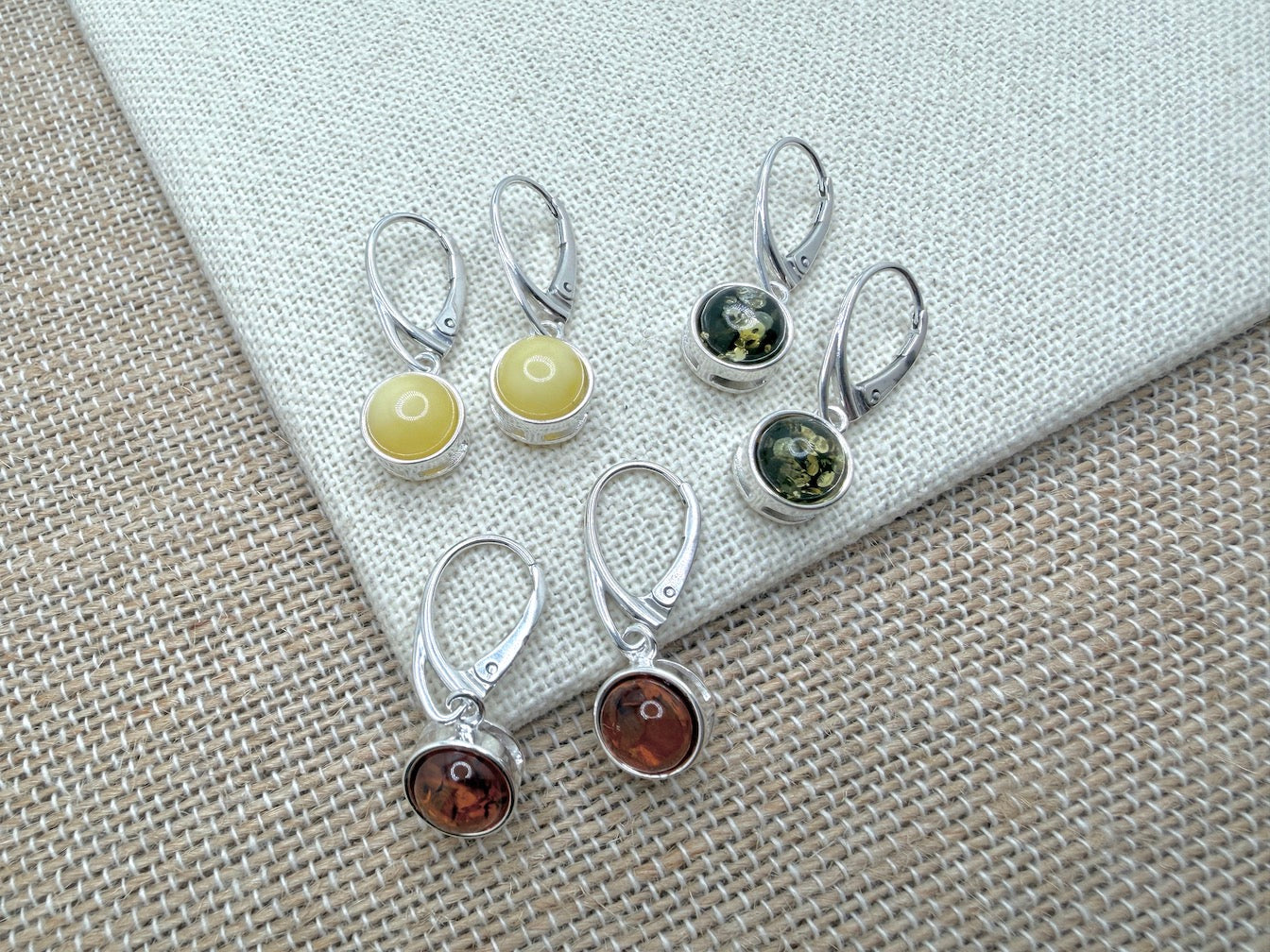 Modern Sterling Silver Dangle Lever Back Earrings with Round Baltic Amber – Available in Honey, Green or Butterscotch Amber